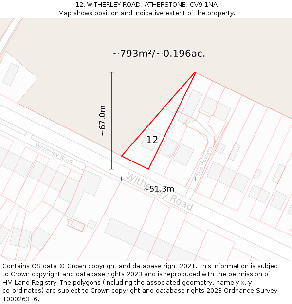 12, WITHERLEY ROAD, ATHERSTONE, CV9 1NA: Plot and title map