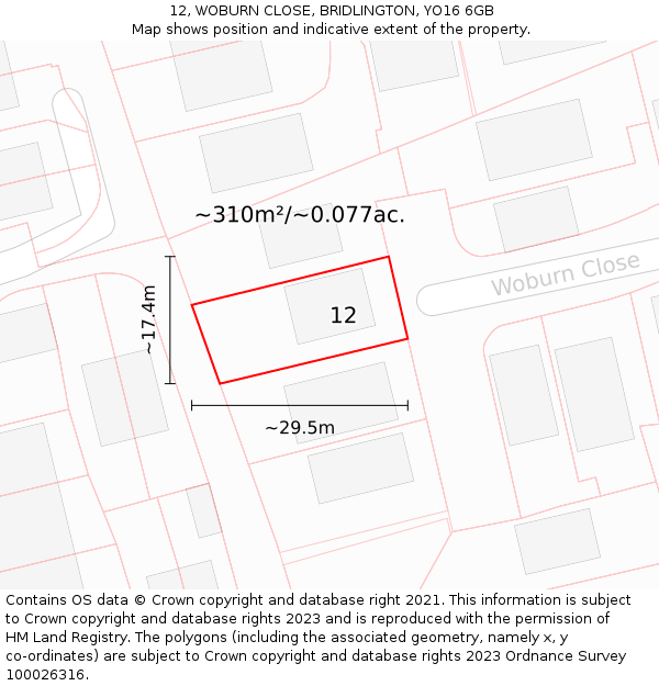 12, WOBURN CLOSE, BRIDLINGTON, YO16 6GB: Plot and title map
