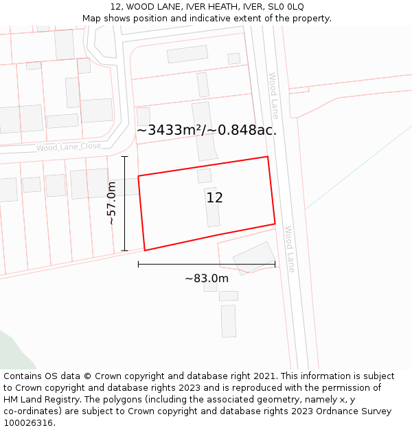 12, WOOD LANE, IVER HEATH, IVER, SL0 0LQ: Plot and title map