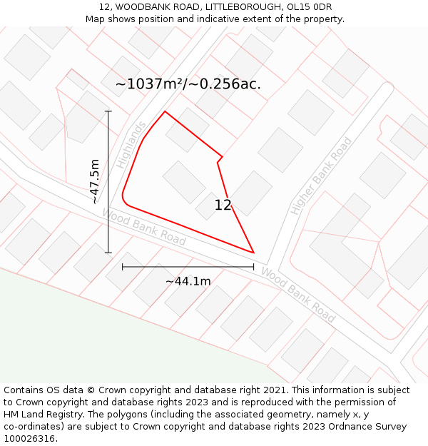 12, WOODBANK ROAD, LITTLEBOROUGH, OL15 0DR: Plot and title map