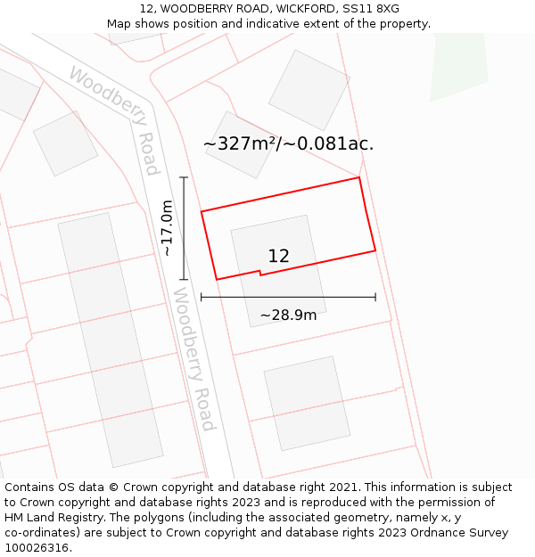 12, WOODBERRY ROAD, WICKFORD, SS11 8XG: Plot and title map