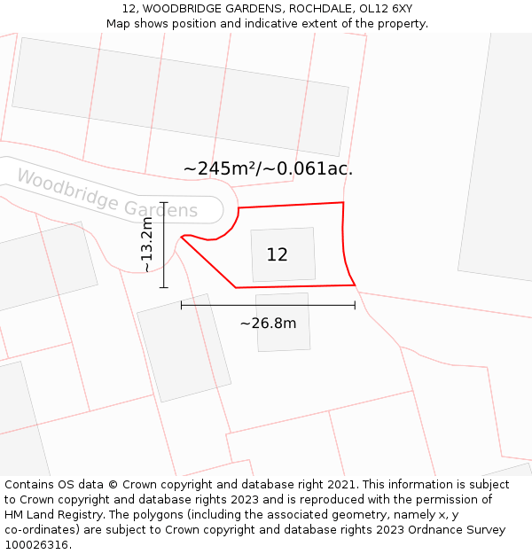 12, WOODBRIDGE GARDENS, ROCHDALE, OL12 6XY: Plot and title map