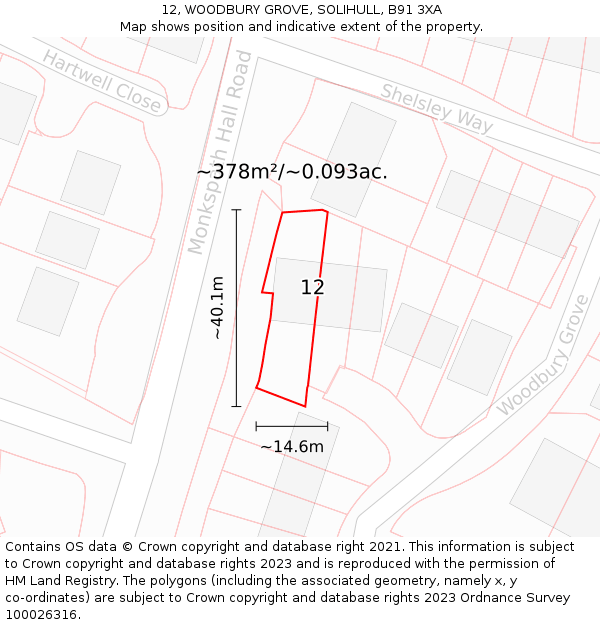 12, WOODBURY GROVE, SOLIHULL, B91 3XA: Plot and title map