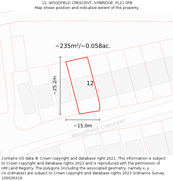 12, WOODFIELD CRESCENT, IVYBRIDGE, PL21 0FB: Plot and title map