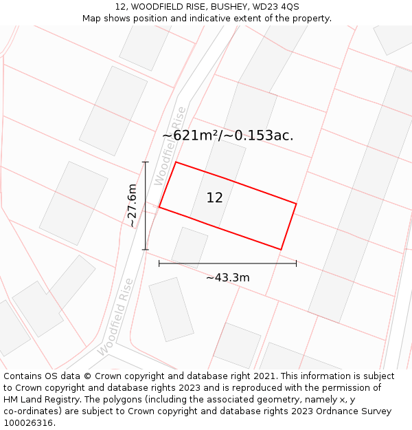 12, WOODFIELD RISE, BUSHEY, WD23 4QS: Plot and title map