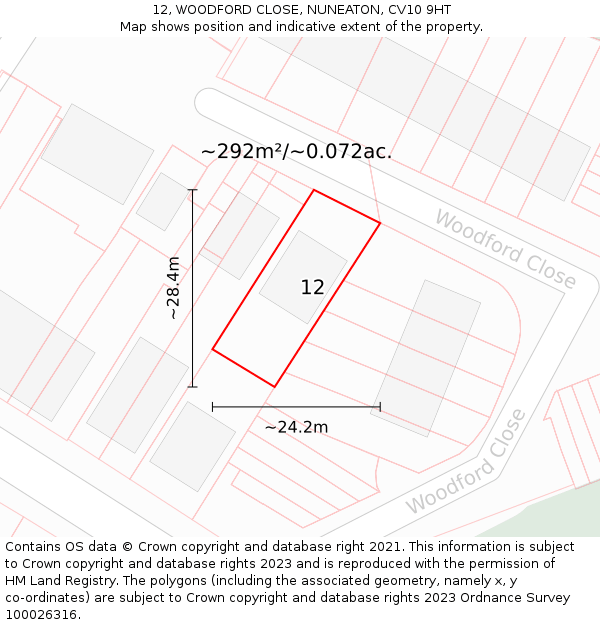 12, WOODFORD CLOSE, NUNEATON, CV10 9HT: Plot and title map