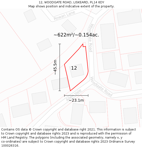 12, WOODGATE ROAD, LISKEARD, PL14 6DY: Plot and title map