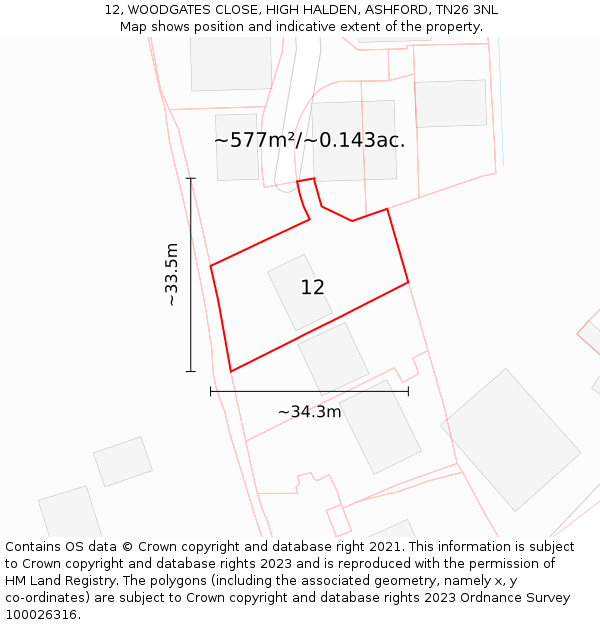 12, WOODGATES CLOSE, HIGH HALDEN, ASHFORD, TN26 3NL: Plot and title map