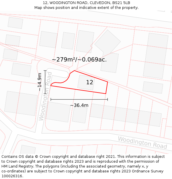 12, WOODINGTON ROAD, CLEVEDON, BS21 5LB: Plot and title map