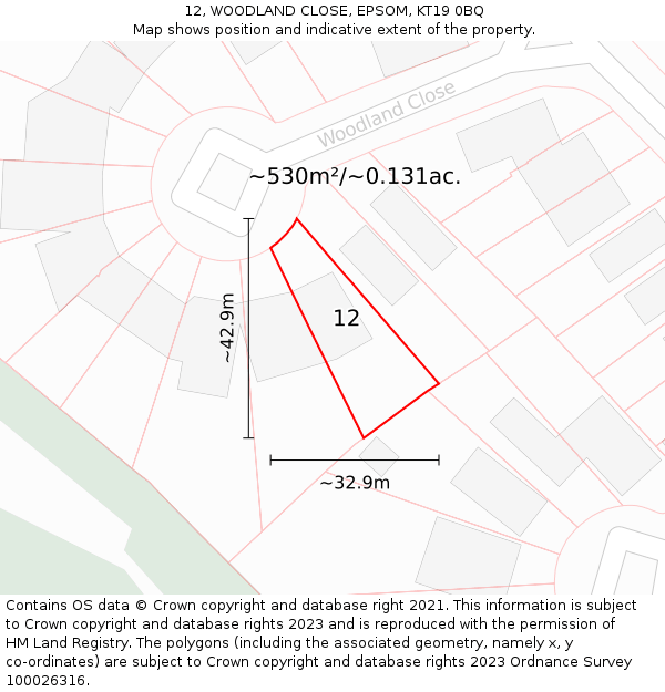 12, WOODLAND CLOSE, EPSOM, KT19 0BQ: Plot and title map