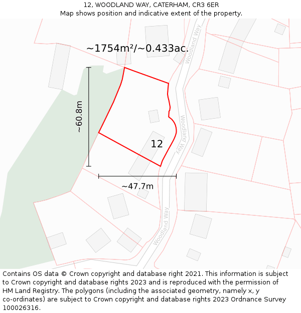 12, WOODLAND WAY, CATERHAM, CR3 6ER: Plot and title map