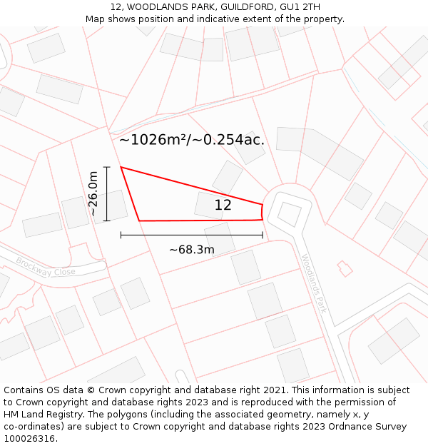 12, WOODLANDS PARK, GUILDFORD, GU1 2TH: Plot and title map