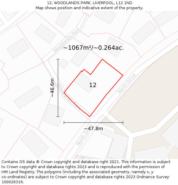 12, WOODLANDS PARK, LIVERPOOL, L12 1ND: Plot and title map