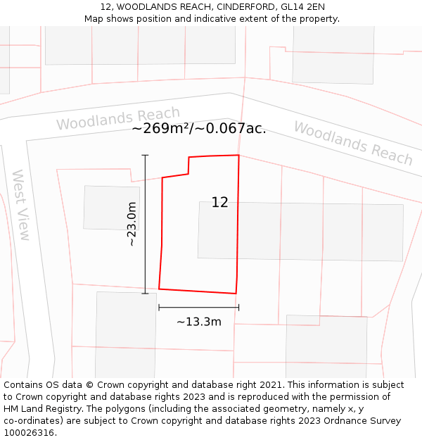 12, WOODLANDS REACH, CINDERFORD, GL14 2EN: Plot and title map