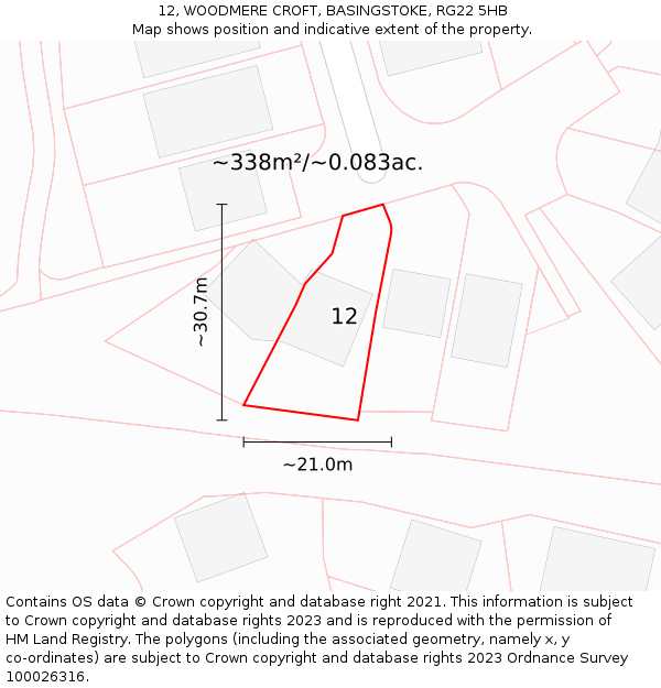 12, WOODMERE CROFT, BASINGSTOKE, RG22 5HB: Plot and title map