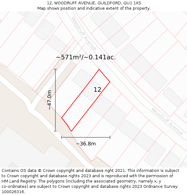 12, WOODRUFF AVENUE, GUILDFORD, GU1 1XS: Plot and title map