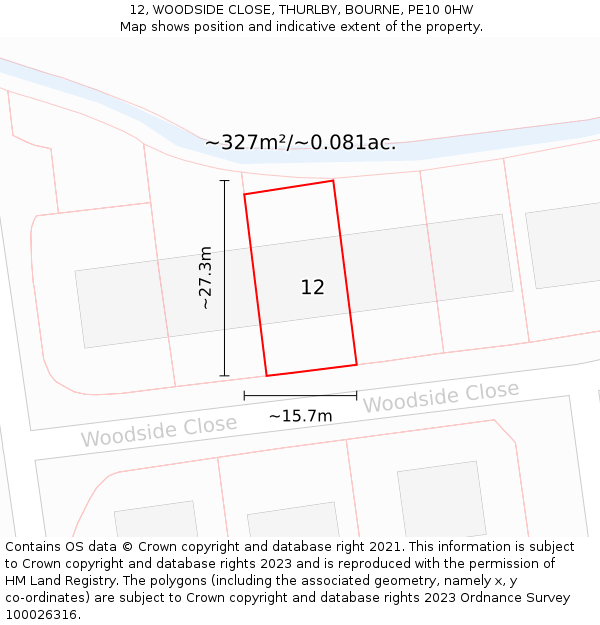 12, WOODSIDE CLOSE, THURLBY, BOURNE, PE10 0HW: Plot and title map