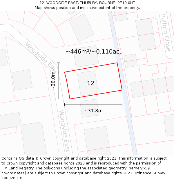 12, WOODSIDE EAST, THURLBY, BOURNE, PE10 0HT: Plot and title map