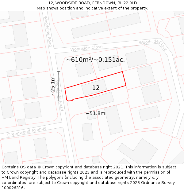 12, WOODSIDE ROAD, FERNDOWN, BH22 9LD: Plot and title map