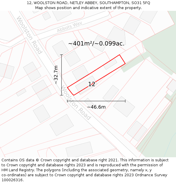 12, WOOLSTON ROAD, NETLEY ABBEY, SOUTHAMPTON, SO31 5FQ: Plot and title map