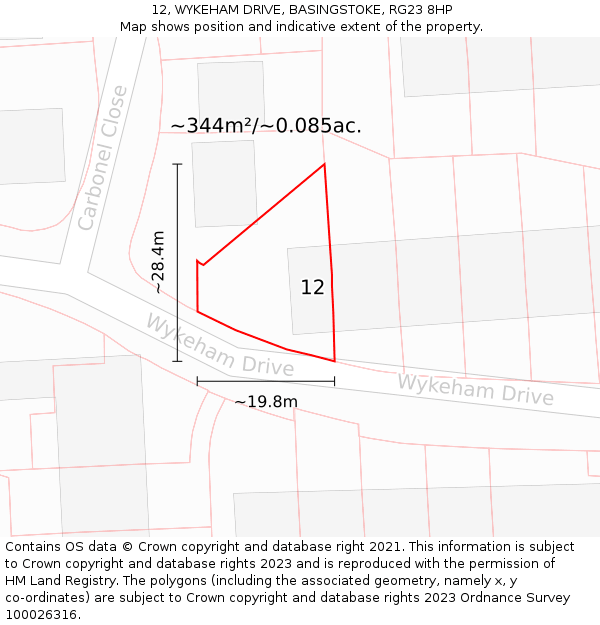 12, WYKEHAM DRIVE, BASINGSTOKE, RG23 8HP: Plot and title map