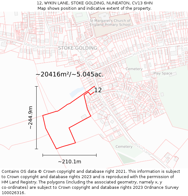 12, WYKIN LANE, STOKE GOLDING, NUNEATON, CV13 6HN: Plot and title map