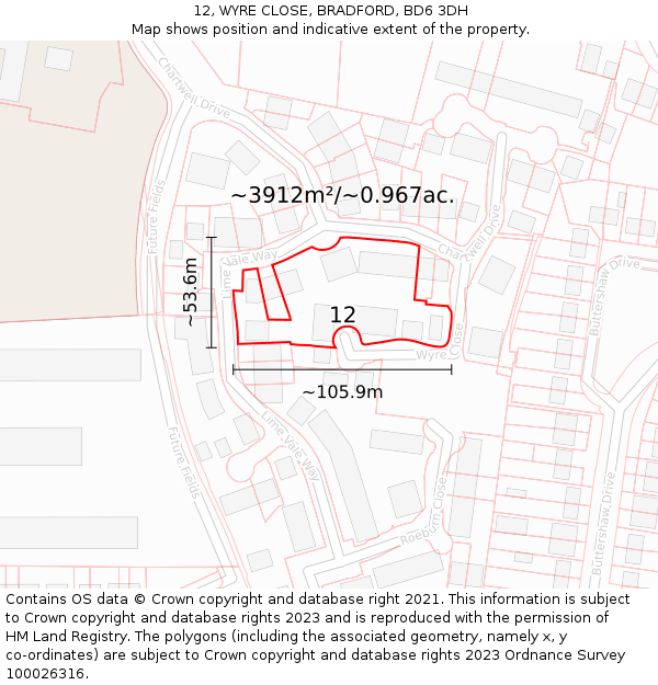 12, WYRE CLOSE, BRADFORD, BD6 3DH: Plot and title map