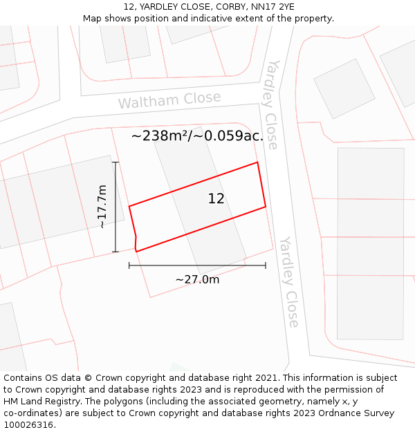 12, YARDLEY CLOSE, CORBY, NN17 2YE: Plot and title map