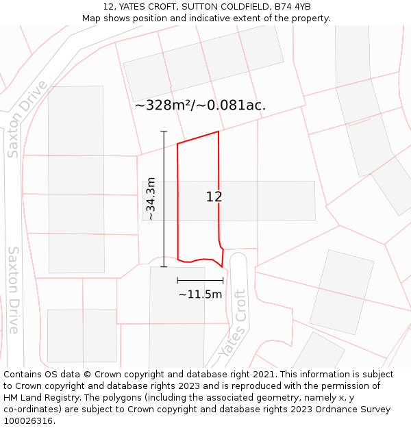 12, YATES CROFT, SUTTON COLDFIELD, B74 4YB: Plot and title map