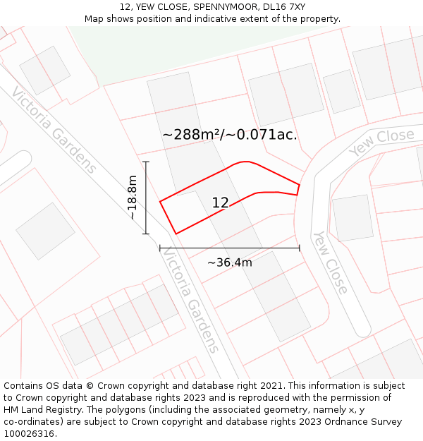 12, YEW CLOSE, SPENNYMOOR, DL16 7XY: Plot and title map