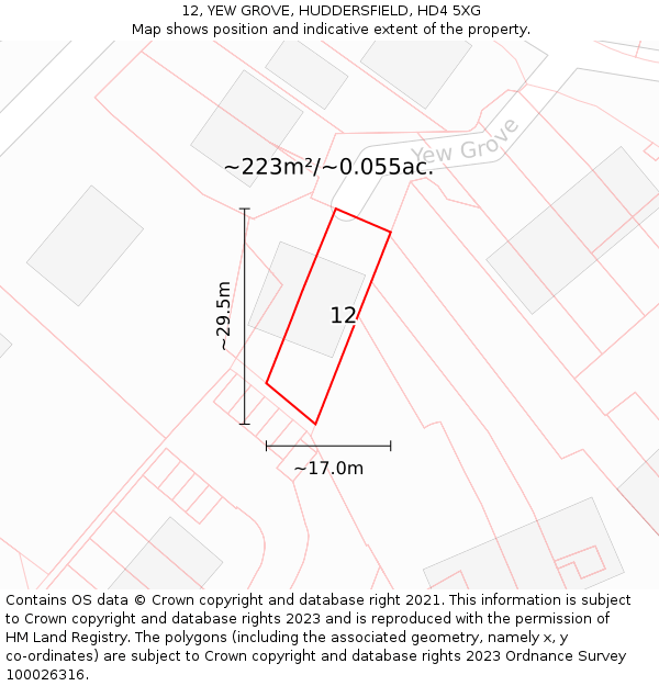 12, YEW GROVE, HUDDERSFIELD, HD4 5XG: Plot and title map