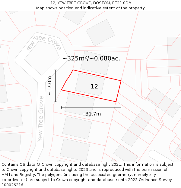 12, YEW TREE GROVE, BOSTON, PE21 0DA: Plot and title map