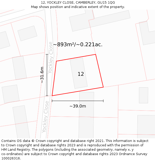 12, YOCKLEY CLOSE, CAMBERLEY, GU15 1QG: Plot and title map