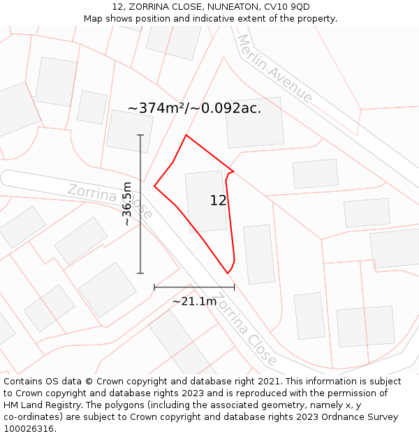 12, ZORRINA CLOSE, NUNEATON, CV10 9QD: Plot and title map