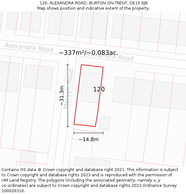 120, ALEXANDRA ROAD, BURTON-ON-TRENT, DE15 0JB: Plot and title map