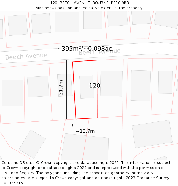 120, BEECH AVENUE, BOURNE, PE10 9RB: Plot and title map