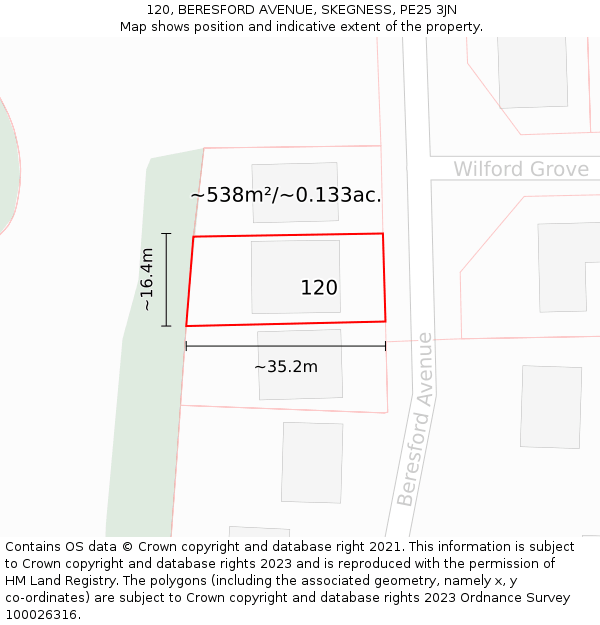 120, BERESFORD AVENUE, SKEGNESS, PE25 3JN: Plot and title map