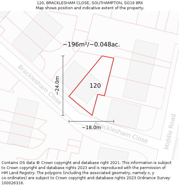 120, BRACKLESHAM CLOSE, SOUTHAMPTON, SO19 8RX: Plot and title map