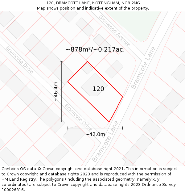 120, BRAMCOTE LANE, NOTTINGHAM, NG8 2NG: Plot and title map