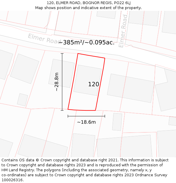 120, ELMER ROAD, BOGNOR REGIS, PO22 6LJ: Plot and title map