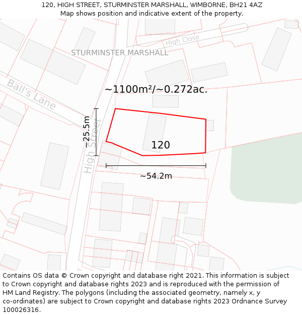 120, HIGH STREET, STURMINSTER MARSHALL, WIMBORNE, BH21 4AZ: Plot and title map