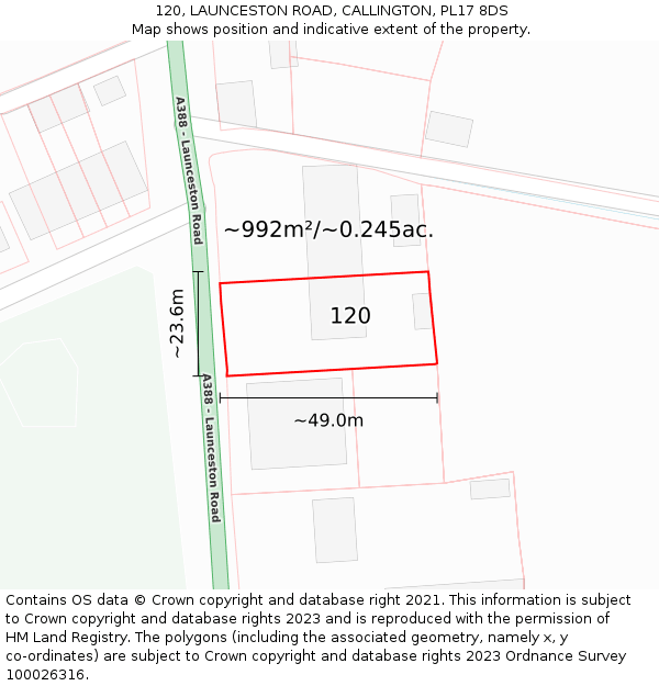 120, LAUNCESTON ROAD, CALLINGTON, PL17 8DS: Plot and title map