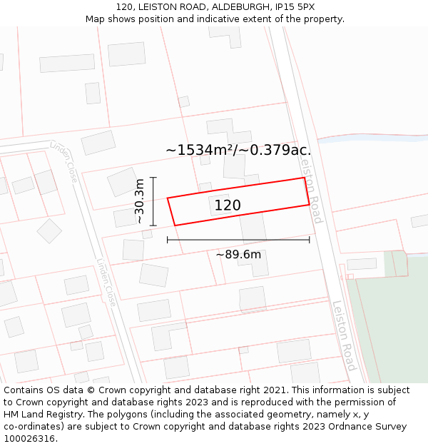 120, LEISTON ROAD, ALDEBURGH, IP15 5PX: Plot and title map