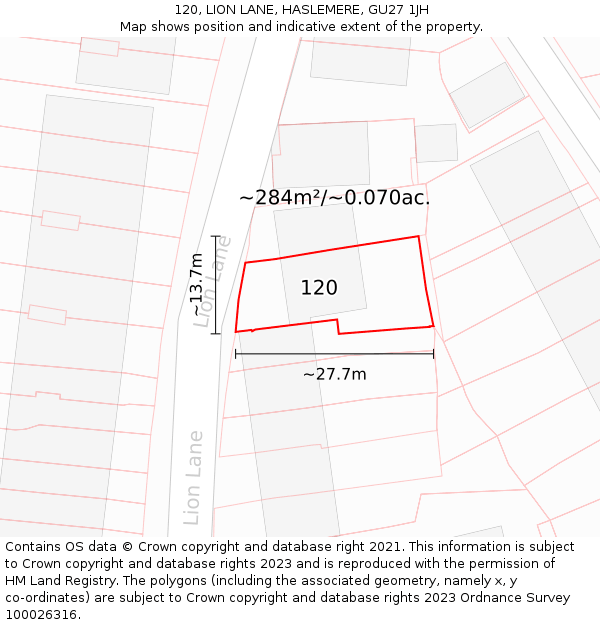 120, LION LANE, HASLEMERE, GU27 1JH: Plot and title map