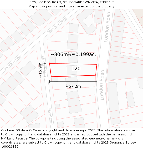 120, LONDON ROAD, ST LEONARDS-ON-SEA, TN37 6LT: Plot and title map