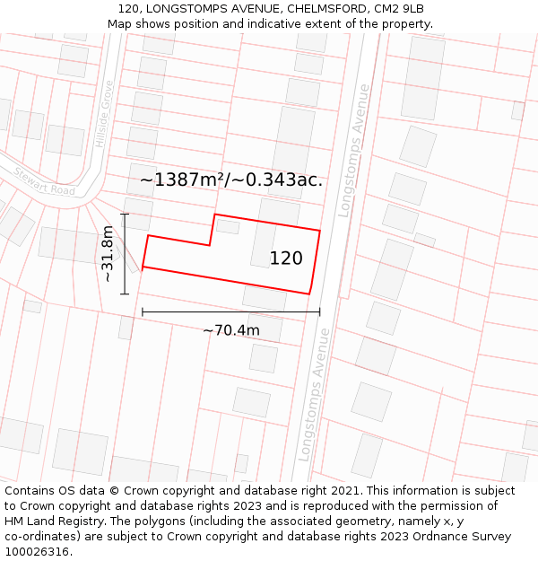 120, LONGSTOMPS AVENUE, CHELMSFORD, CM2 9LB: Plot and title map