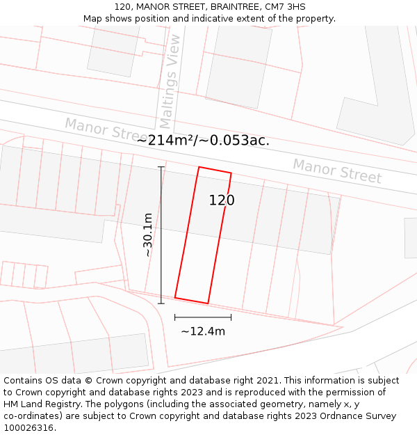 120, MANOR STREET, BRAINTREE, CM7 3HS: Plot and title map