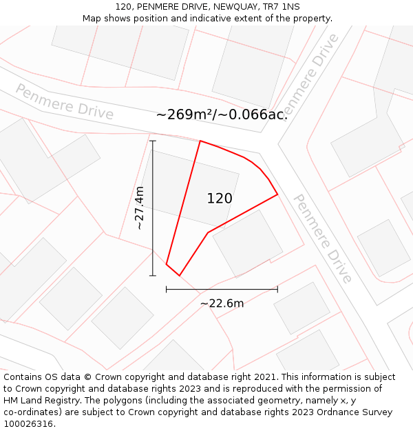120, PENMERE DRIVE, NEWQUAY, TR7 1NS: Plot and title map