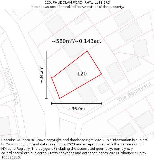 120, RHUDDLAN ROAD, RHYL, LL18 2RD: Plot and title map