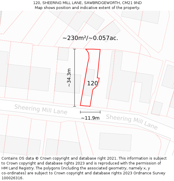 120, SHEERING MILL LANE, SAWBRIDGEWORTH, CM21 9ND: Plot and title map